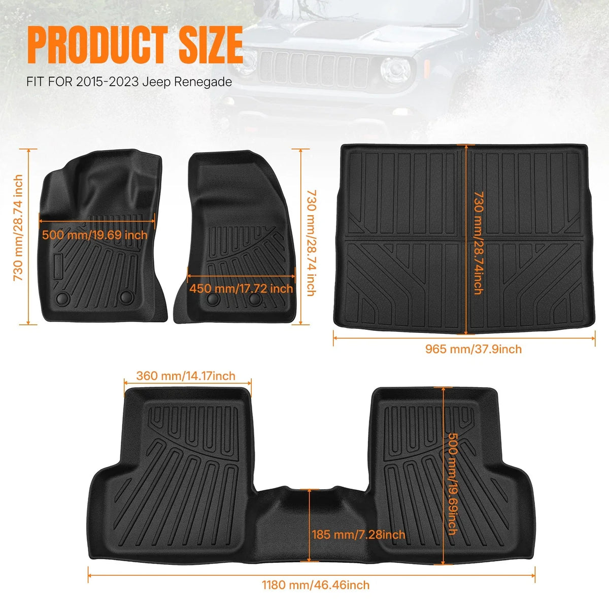 Set of 2 All Weather Floor Mats & Trunk Cargo Mat for Jeep Renegade (2015–2026)