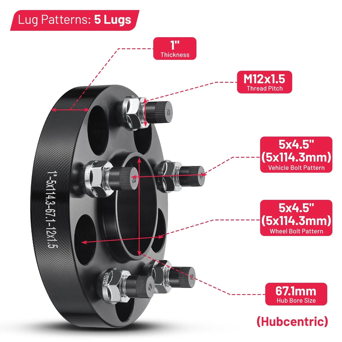 Set of 4 Hubcentric Wheel Spacers 1" for Hyundai Mazda Mitsubishi