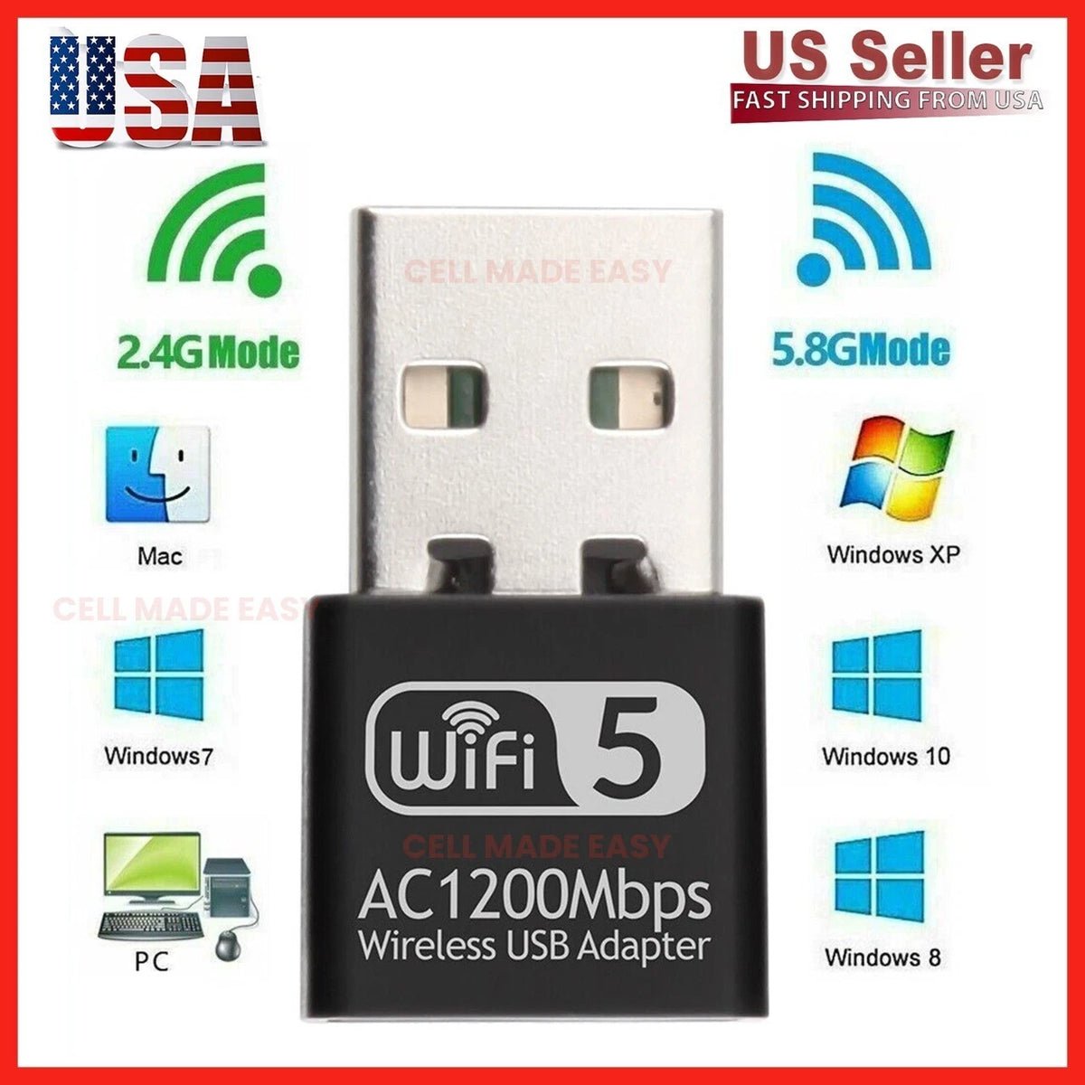 USB WiFi Wireless AC1200 Mbps Adapter Dongle for PC Laptop