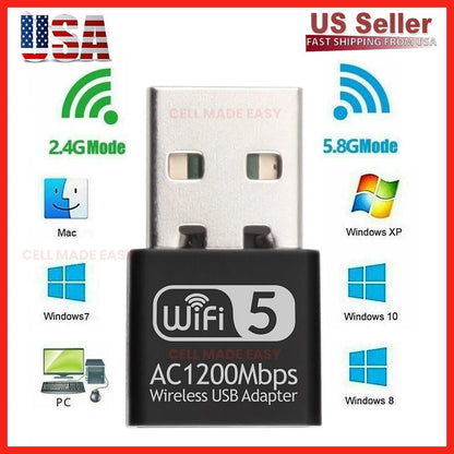 USB WiFi Wireless AC1200 Mbps Adapter Dongle for PC Laptop