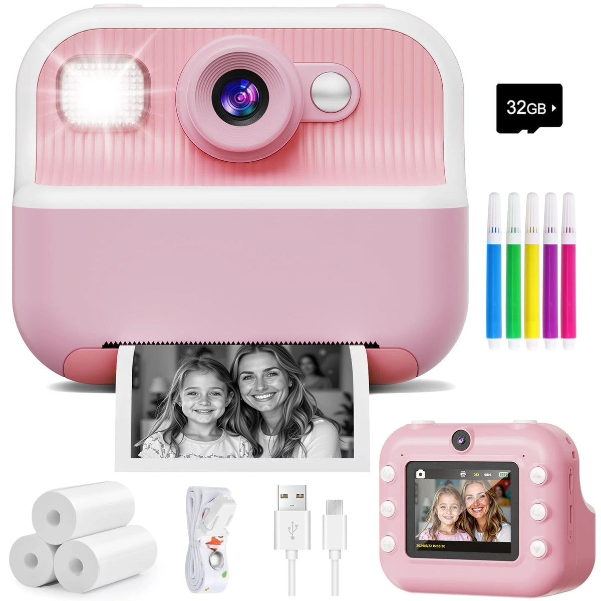 Dual Selfie Kids Camera for Instant Photography (1080P, Pink)