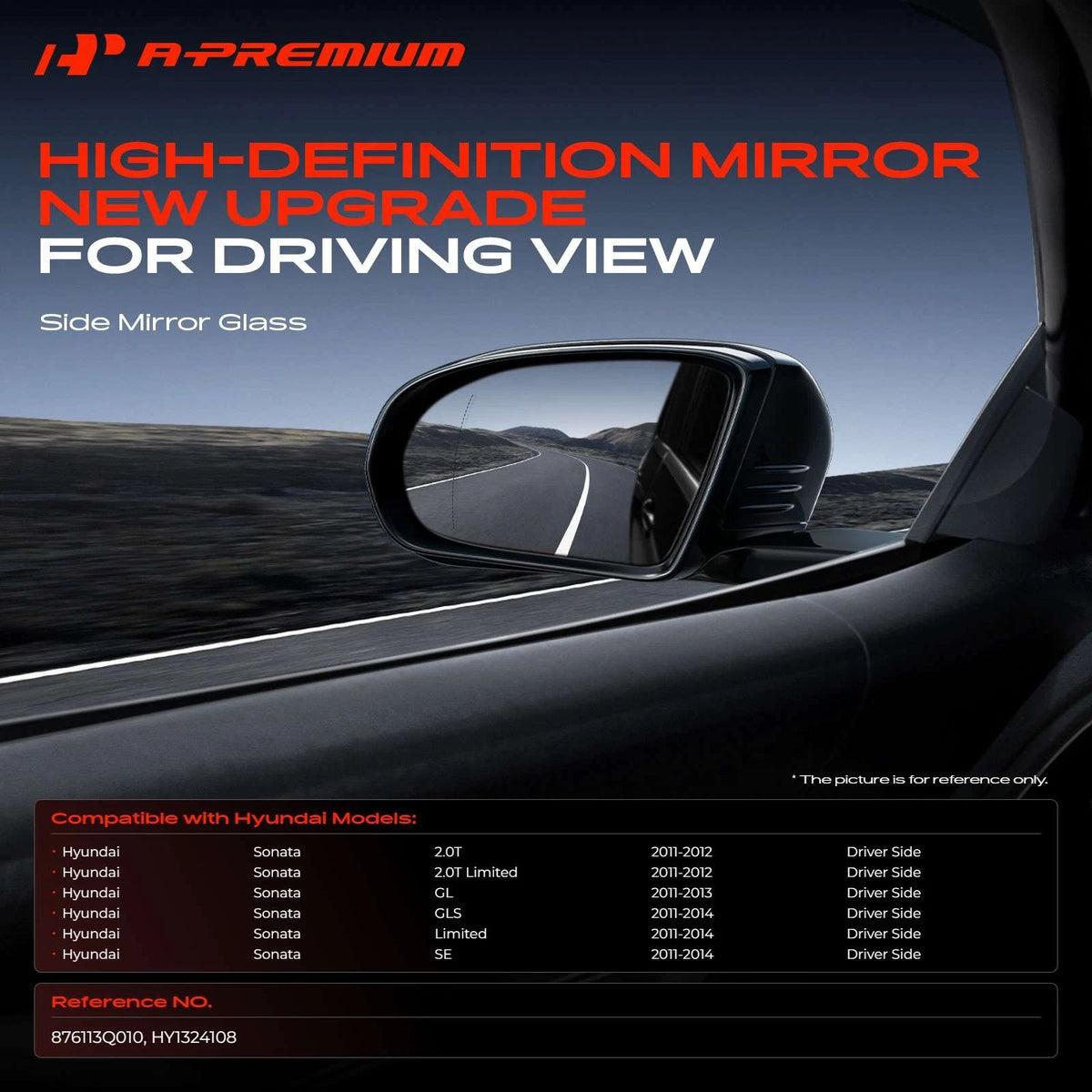 Driver Power Mirror Glass for Hyundai Sonata (2011–2014) - Heated, 876113Q010, HY1324108