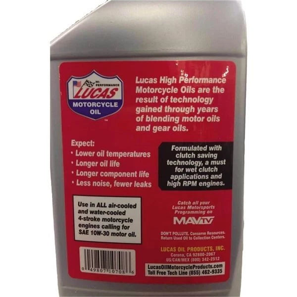1 Quart Lucas 10708 Synthetic Motorcycle Engine Oil 10W-30