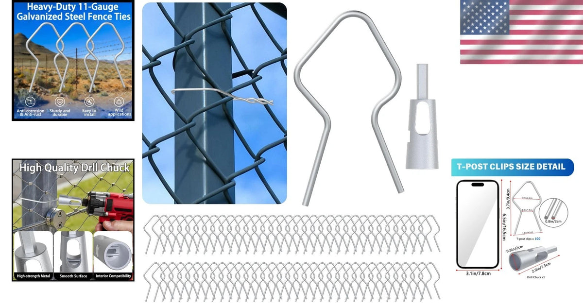 100-Pack Galvanized T-Post Clips with Quick Install Drill Attachment