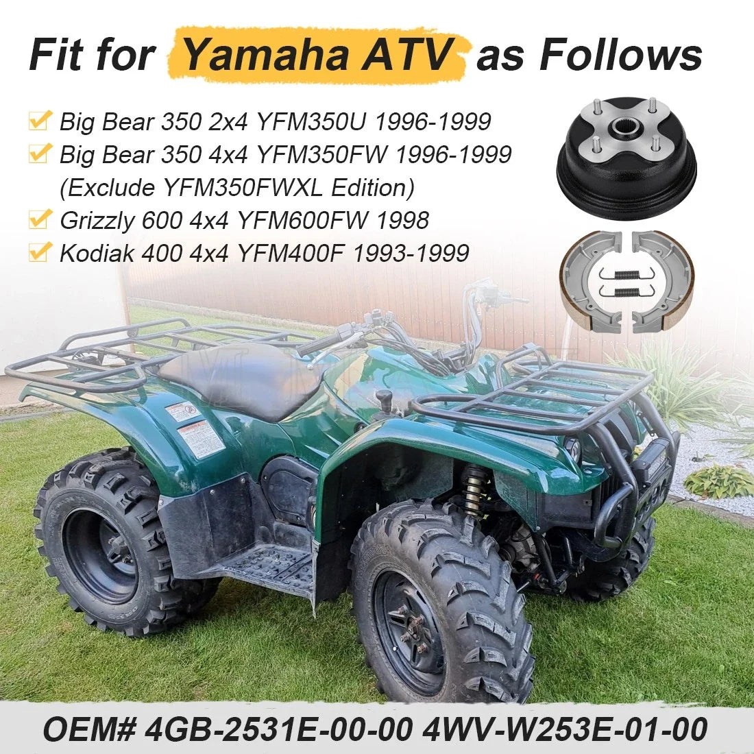 Rear Brake Drum w/Shoes Kit for Yamaha Big Bear 350 Kodiak 400 (1998–2000) 4GB-2531E-00-00