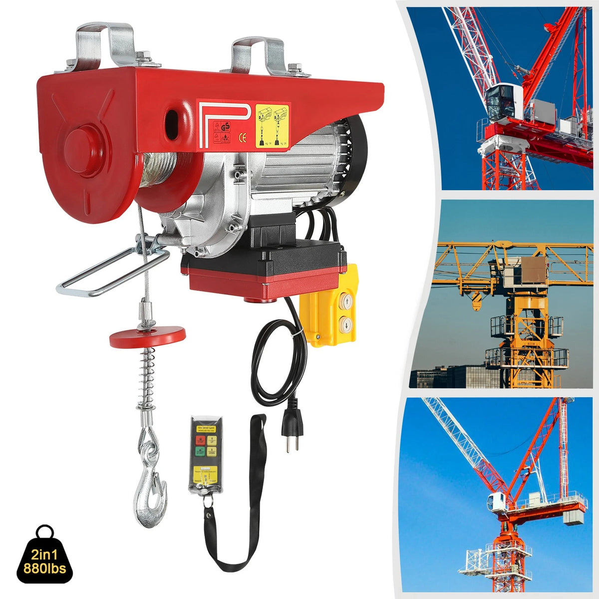 850W Electric Hoist for Crane Winch (880 lbs, Wired Remote Control)
