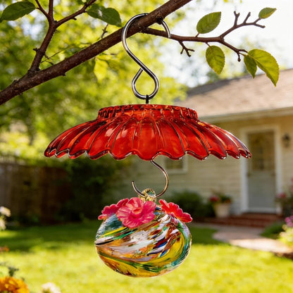 2X Weatherproof Mini Rain Guard for Hummingbird Feeders (Red Daisy Design)