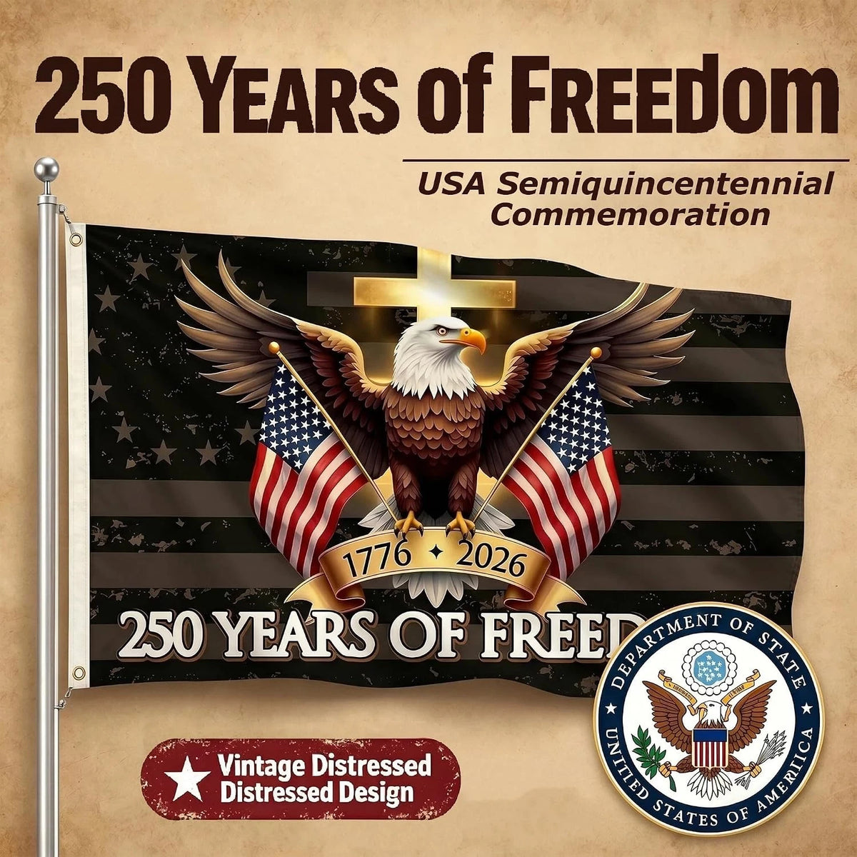 3x5 Ft Double Sided USA Flag - 250 Years of Freedom