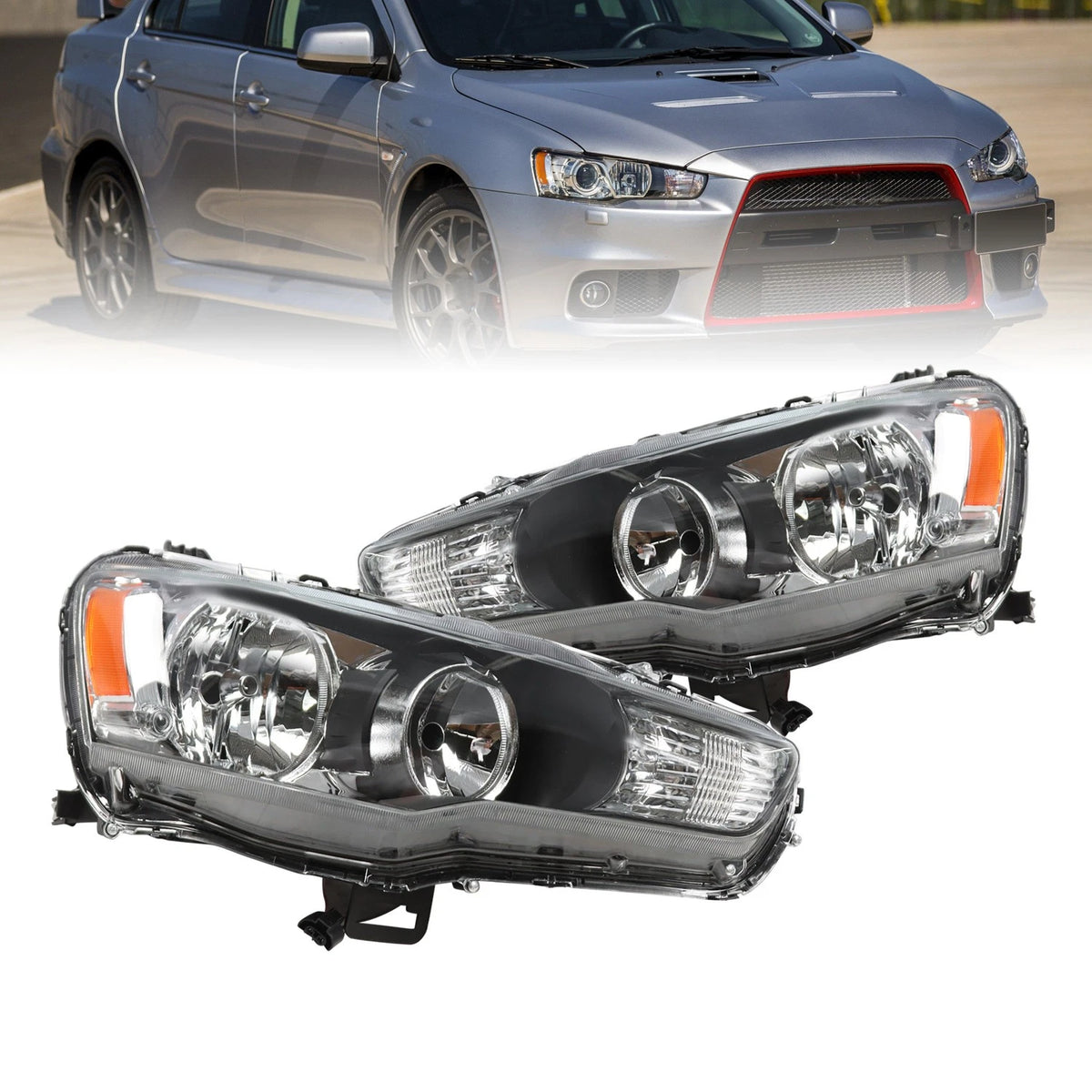 Set of 2 Headlights for Mitsubishi Lancer EVO X (2008–2017) MI2502139, 8301B075, 8301B076 LED DRL