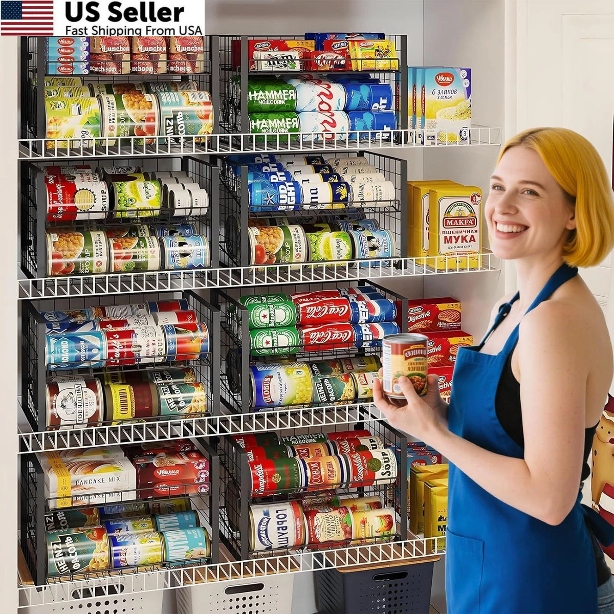 2X Stackable Can Rack Organizer for Pantry (2 Tier) - Black