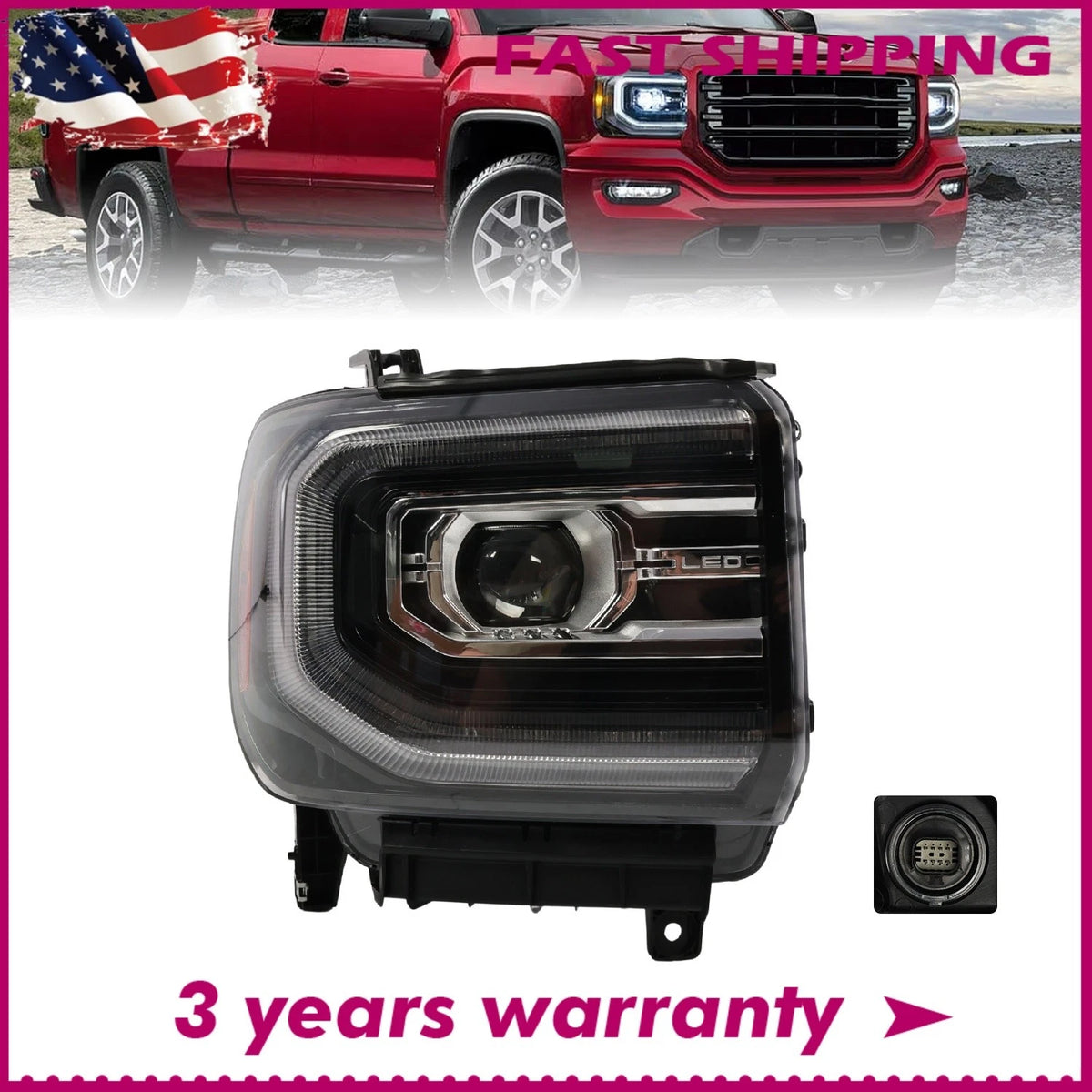 Full LED Projector Headlight for GMC Sierra 1500 (2016–2018) GM2503459, 84046789, 23306130, 23395604, 23506753
