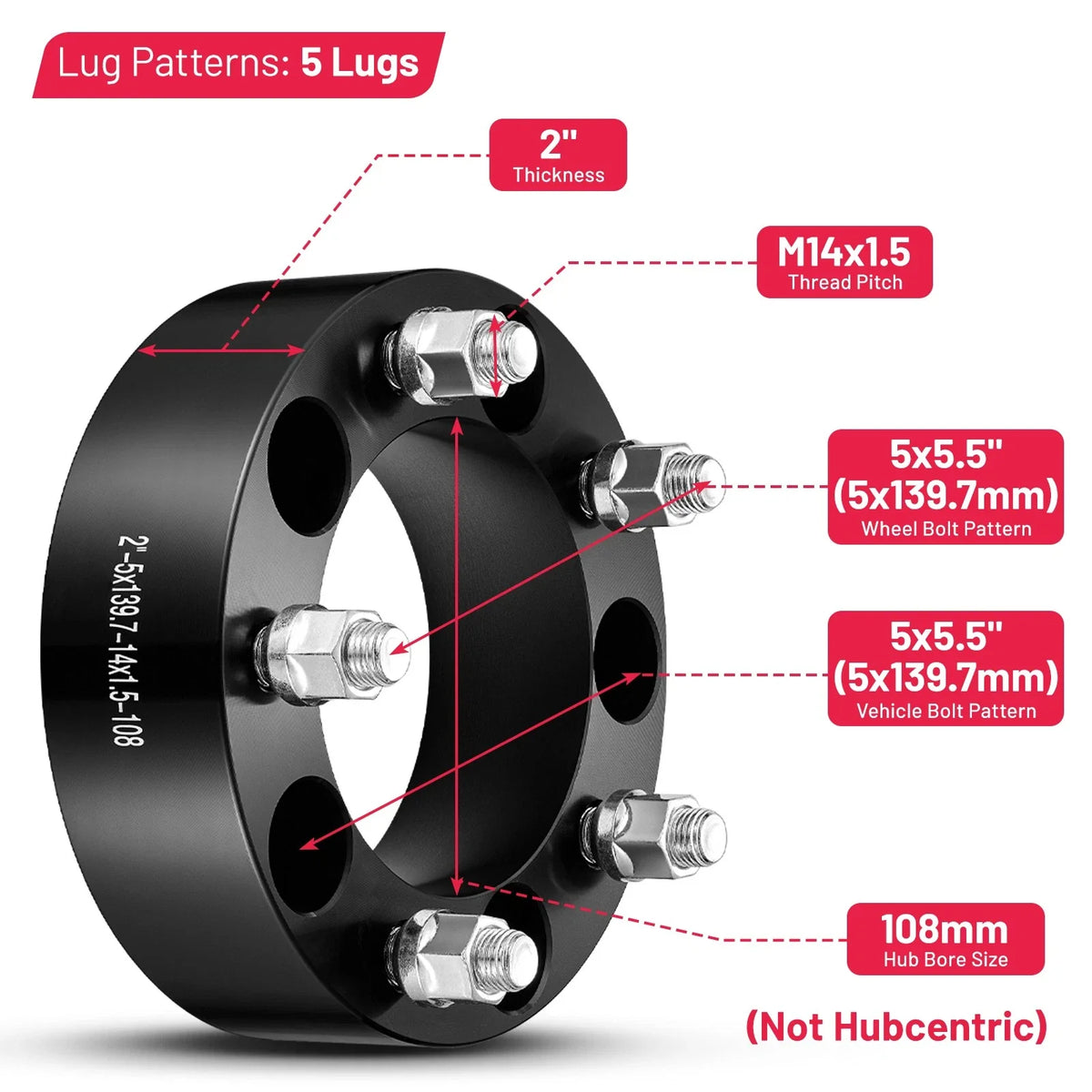Set of 4 Wheel Spacers 2" 5x5.5 5x139.7 14x1.5 for Ram 1500 Sport (2012–2018)