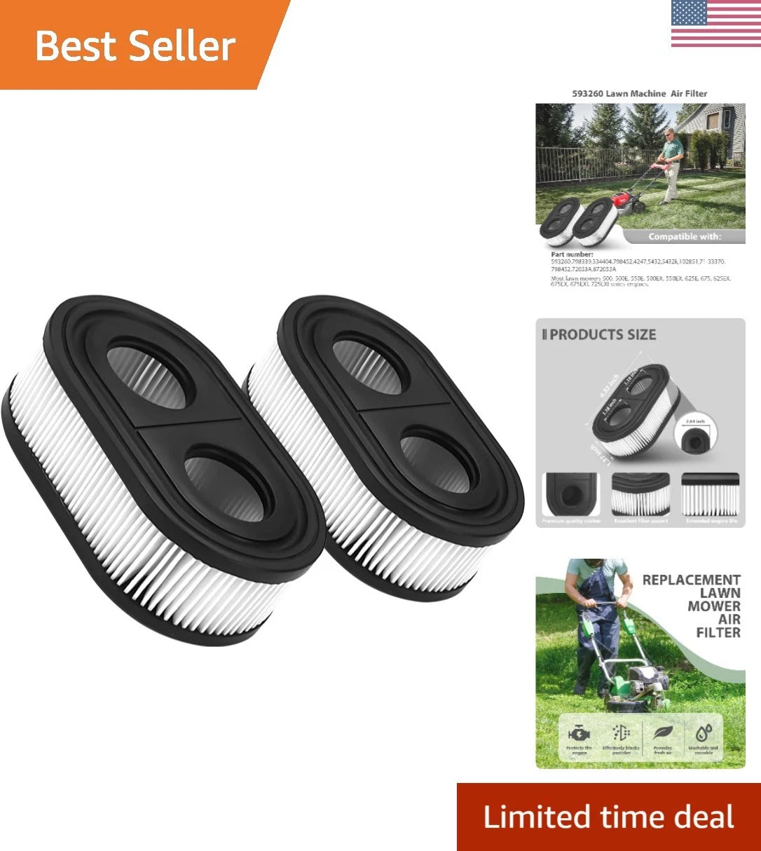 2X Universal 593260 Air Filter for Lawn Mowers