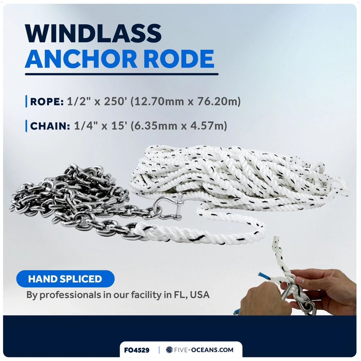 Windlass Anchor Rode 1/2"x250' Rope & 1/4"x15' G4 Chain for Boats
