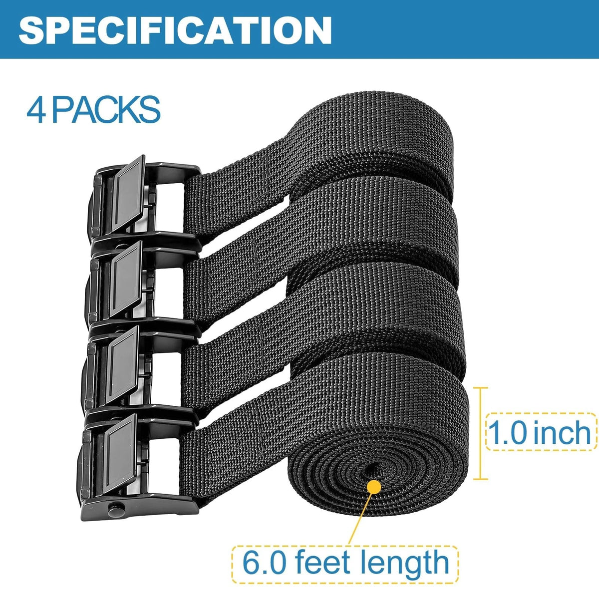 1" x 6ft Adjustable Cam Buckle Lashing Straps Set of 2 Black