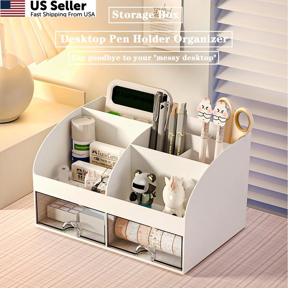 Desk Organizer with 6 Compartments and 2 Drawers for Home Office