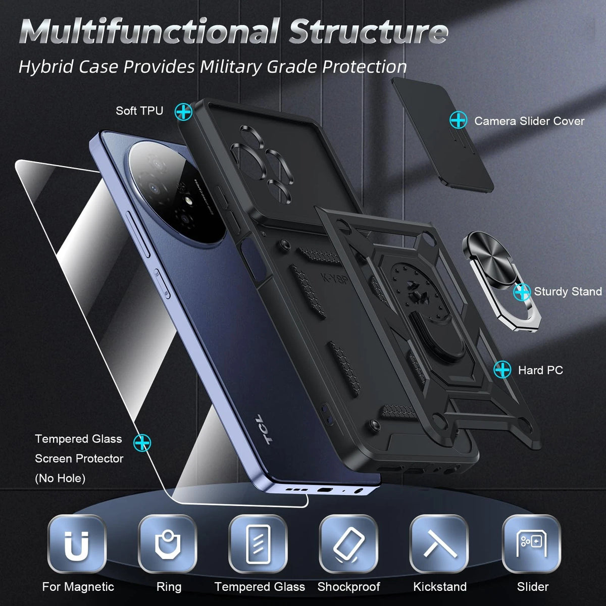 LeYi Phone Case for TCL 50 XL-5G (2021) - Black, Slide Design, 6.78 inch