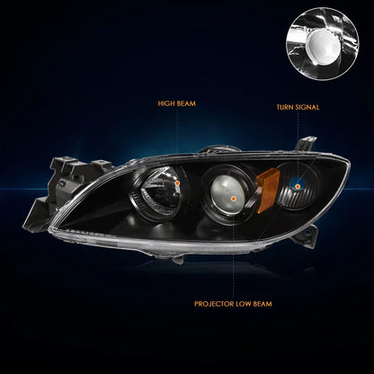 Projector Headlight for Mazda 3 Sedan (2004–2009) Black Housing Amber Corner