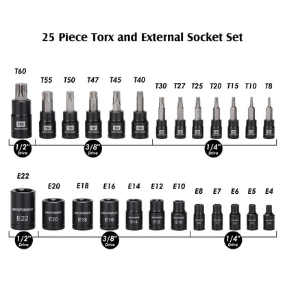 25 Piece Torx Bit and Socket Set for Automotive (T8-T60, E4-E22)
