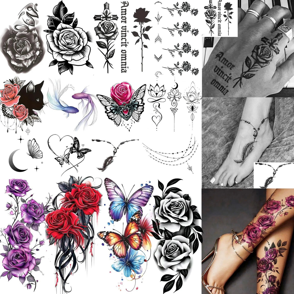 16 Sheets Watercolor Rose Flowers Temporary Tattoos (Large, Medium, Colorful)