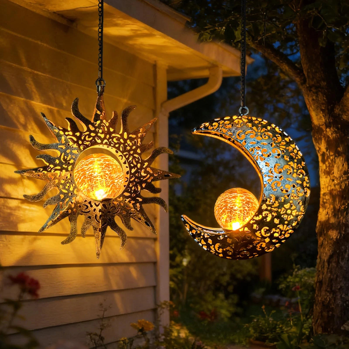 Solar Hanging Sun and Moon Lights for Garden - Bronze Color