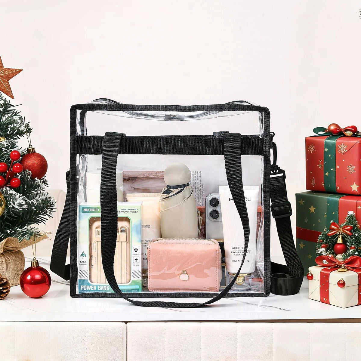Clear Stadium Approved Tote Bag for Events (12x12x6in, Black)