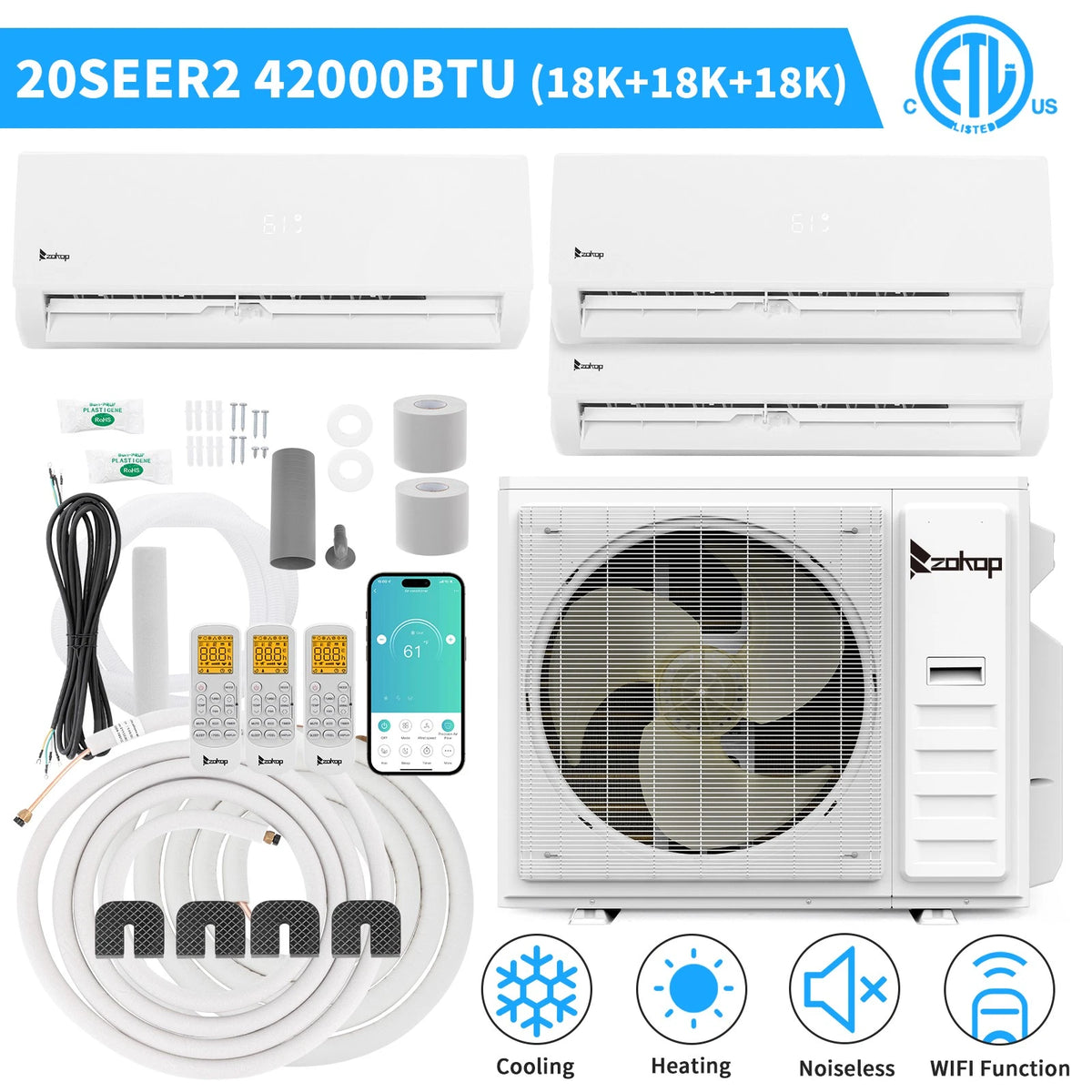 3 Zone 42000 BTU Mini Split Air Conditioner + Heat Pump for