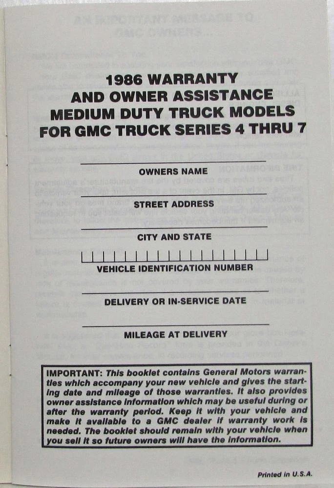 GMC Truck Series 4-7 Warranty and Assistance Information (1986)