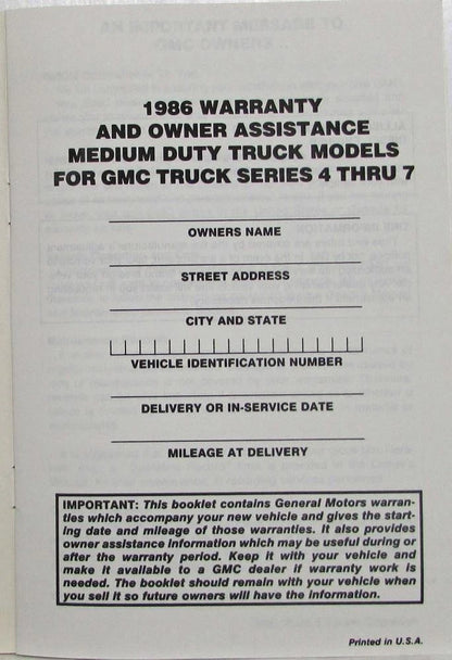 GMC Truck Series 4-7 Warranty and Assistance Information (1986)