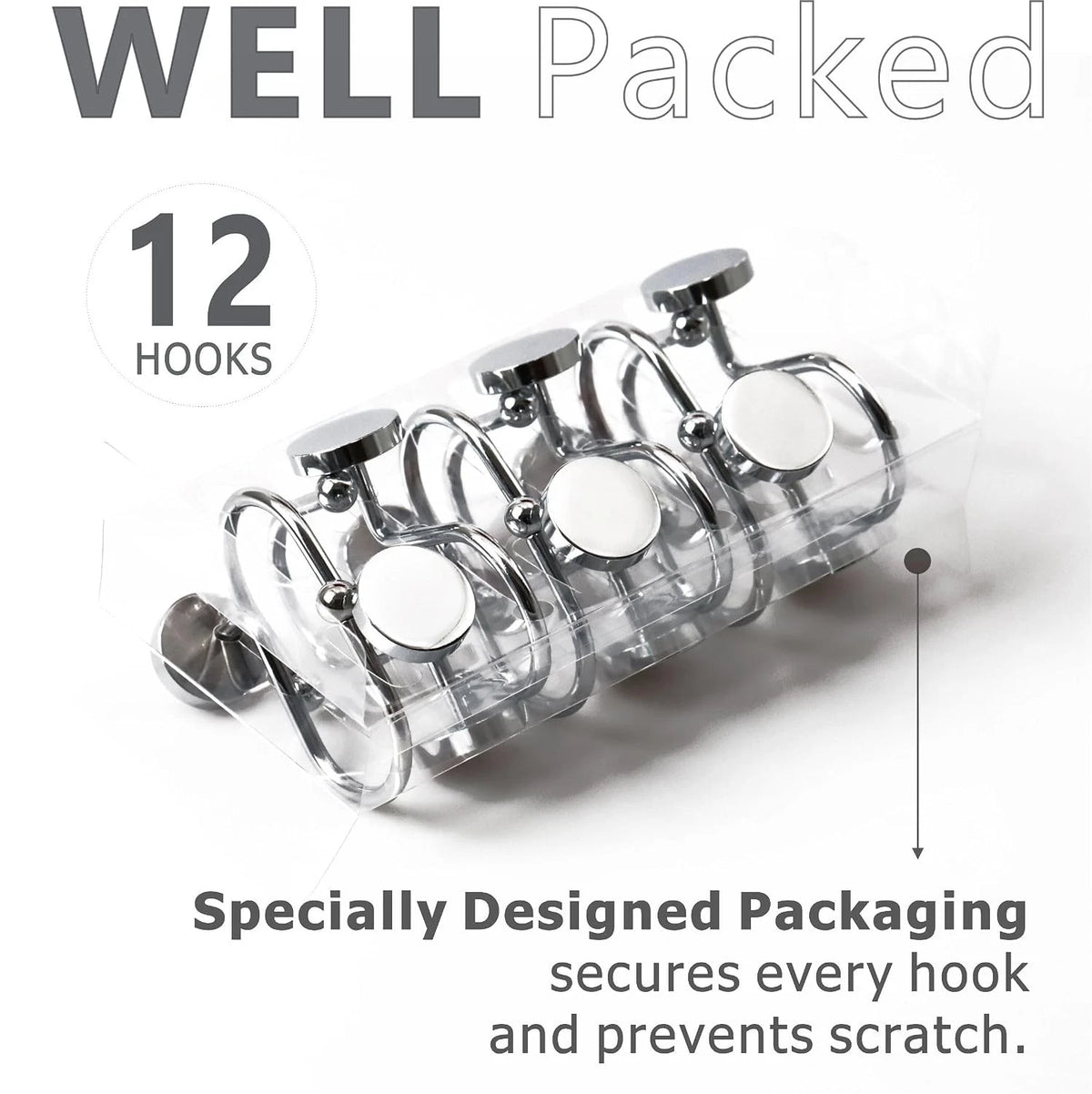 Set of 12 Round Button Shower Curtain Hooks for Heavy Metal Curtains