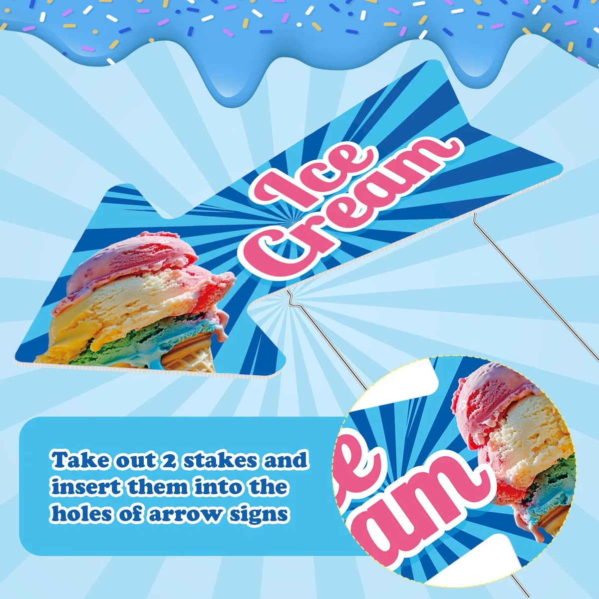 3 Pack Ice Cream Arrow Sign 10 x 16 Inches Summer Yard Sign with Stakes