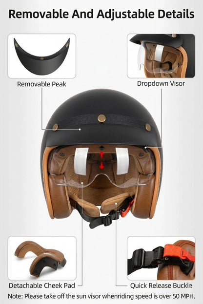 Retro 3/4 Open Face Motorcycle Helmet DOT Approved, Sun Shield, Comfort Fit