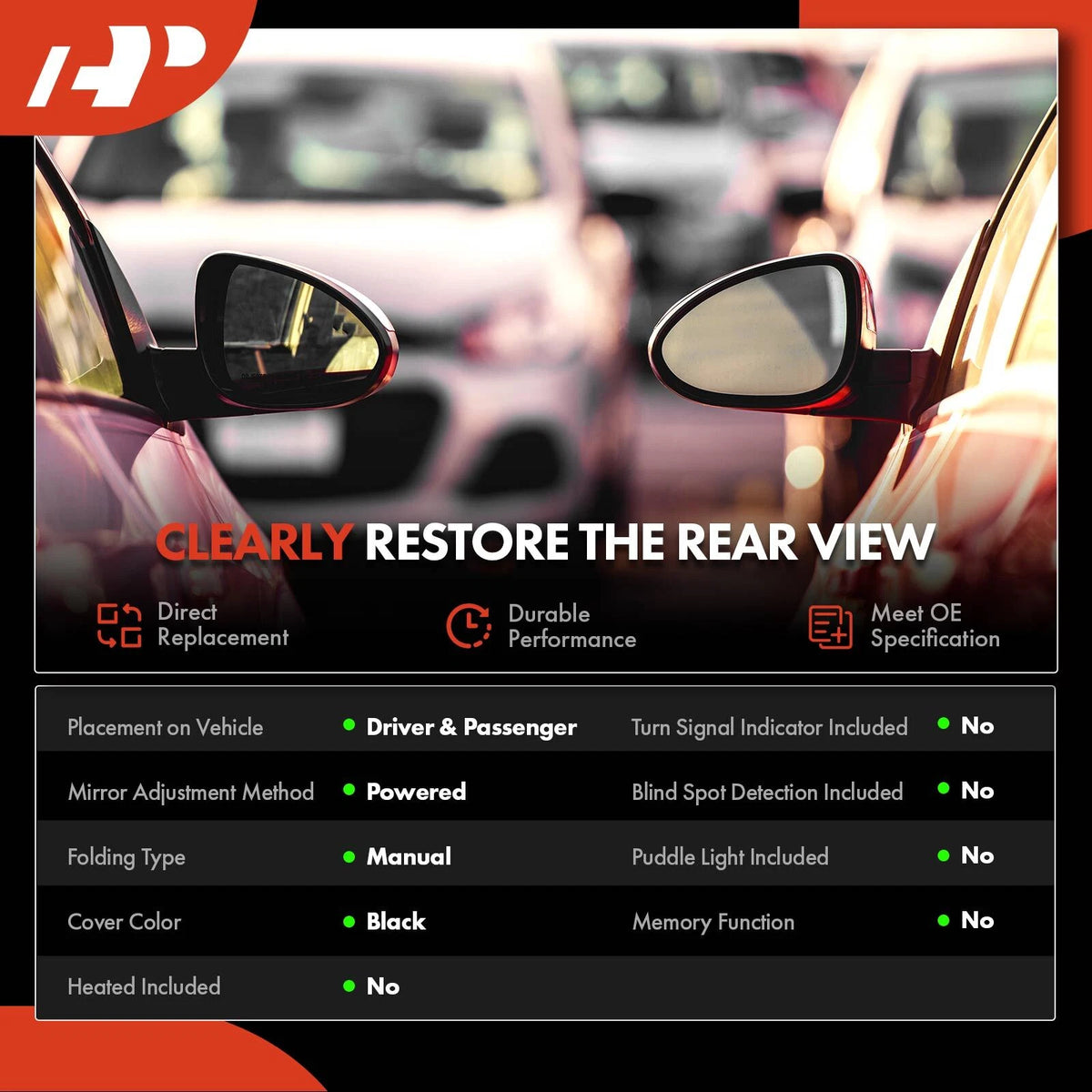 2X Power Adjust Mirrors for Hyundai Tucson (2019–2021) - 87620D3990PTM, 87610D3990PTM, HY1321288, HY1320288