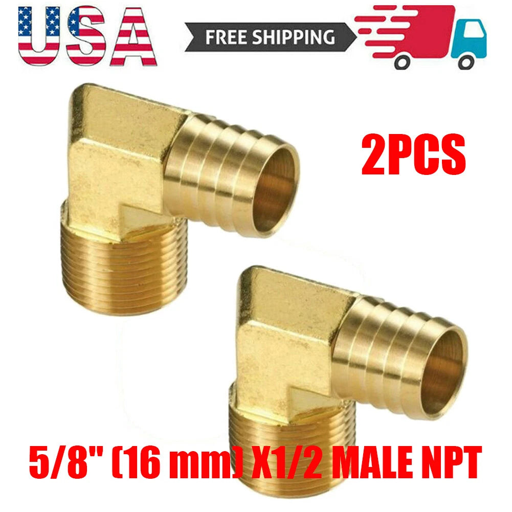 2X 5/8" Hose Barb x 1/2 NPT Male Pipe Thread 90 Elbow Brass Fitting