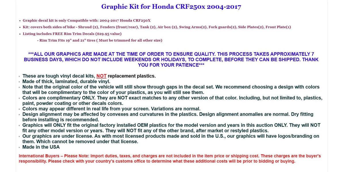 Graphic Stickers +#PLT/RIM Decals for Honda CRF250X (2004–2017)