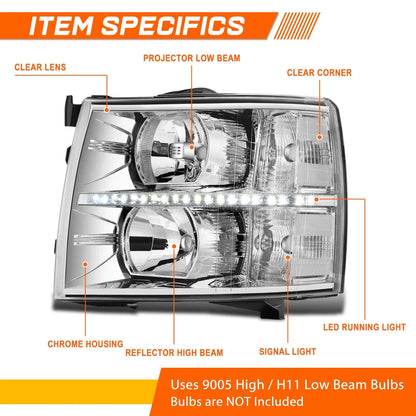 LED DRL Strip Headlight for Chevy Silverado (2007–2014) - Chrome Housing