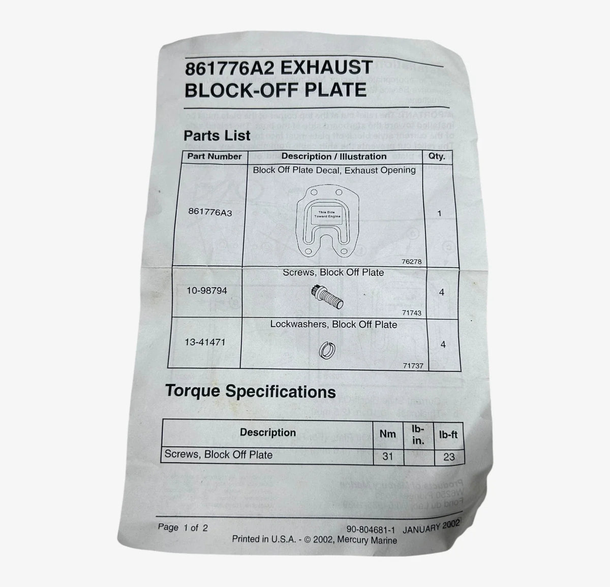 Exhaust Block-Off Plate for Mercury Marine (861776A2)