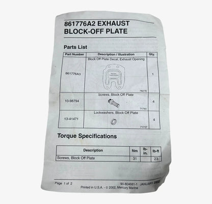 Exhaust Block-Off Plate for Mercury Marine (861776A2)