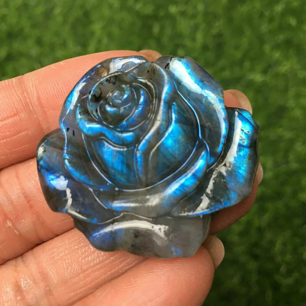 Natural Blue Labradorite Hand Carved Rose Flower Crystal Quartz Healing Gift
