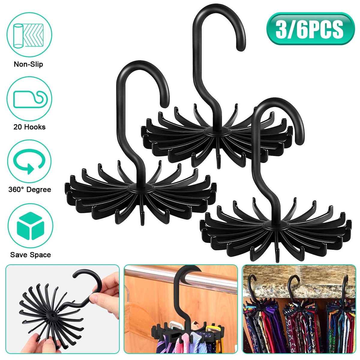 6X Neck Tie Rack 360° Rotatable Hook Hanger for Scarf Belt Storage