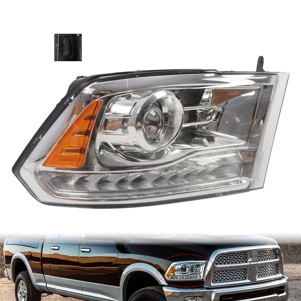 Projector Chrome Headlights w/ LED DRL for Ram 1500/2500/3500 (2013–2015) - CH2503244, 68093216AD, 68324940AD