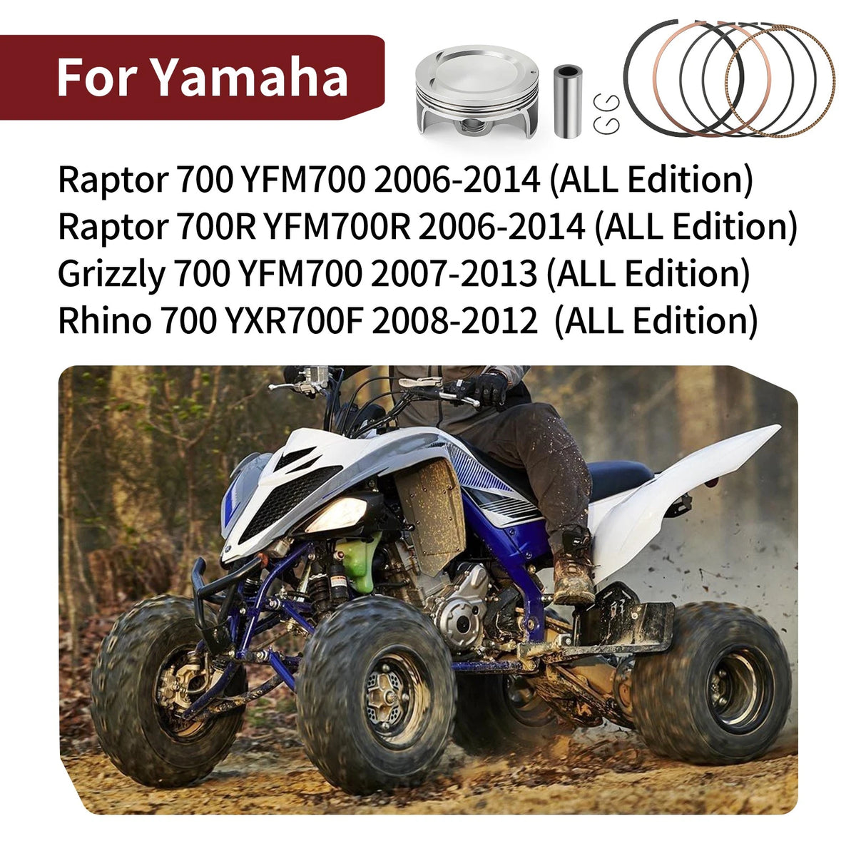 Piston + Ring Kit for Yamaha Raptor 700 700R (2006–2014) 1S3-11631-10-00, 1S3-11603-10-00, 5VK-11633-00-00