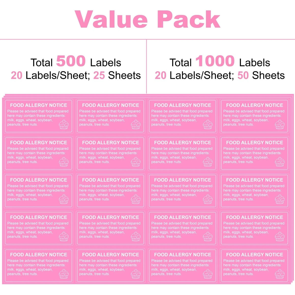 500 Pcs Food Allergy Stickers 1x2 Inch Pink and White