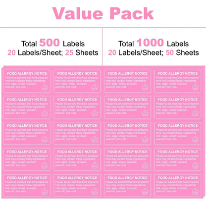500 Pcs Food Allergy Stickers 1x2 Inch Pink and White