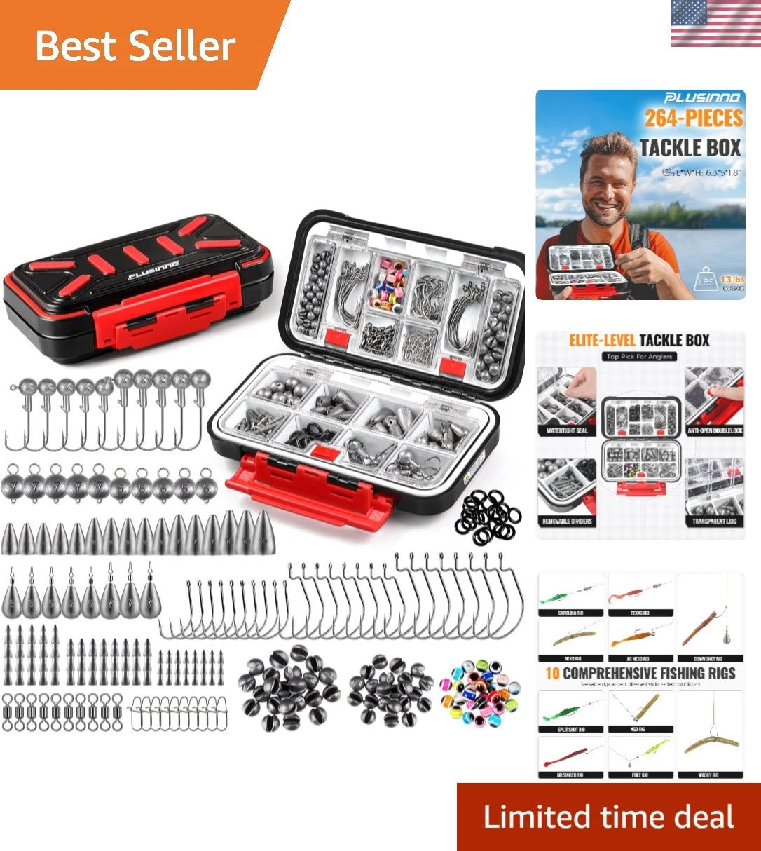 264pcs Fishing Tackle Kit with 10 Rigs & Waterproof Box for Bass and Trout