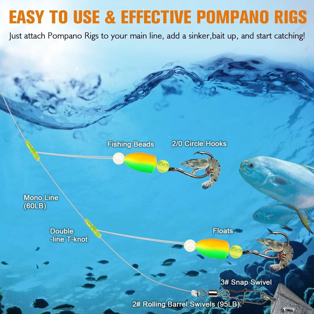 Set of 10 Surf Fishing Rigs for Pompano Gear Saltwater Double Line Hooks