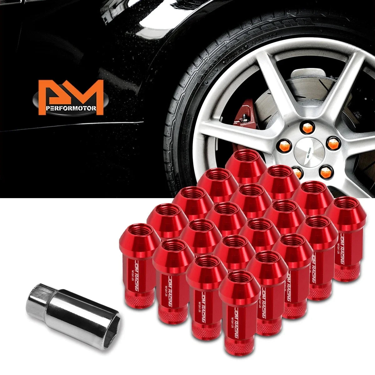 Set of 20 M12X1.25 Red Open End Cone Seat Hex Wheel Lug Nuts + Extensions 25mm