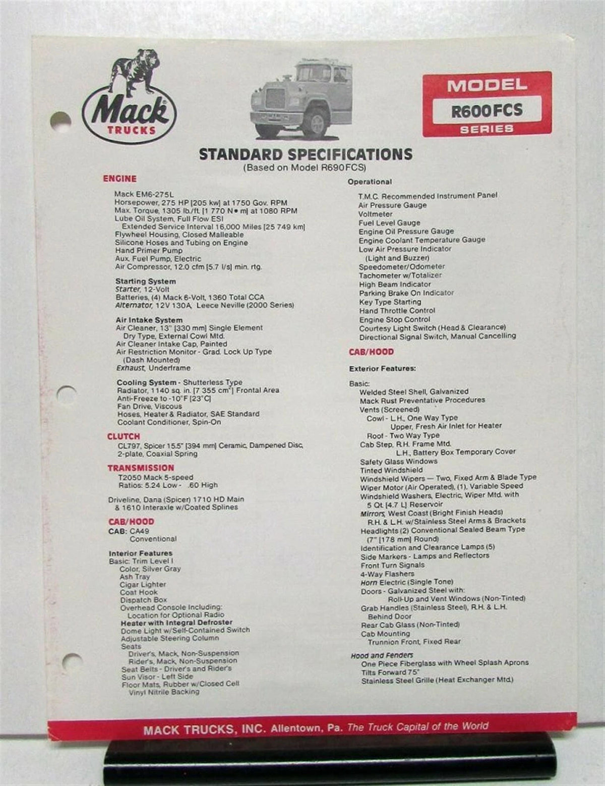 Specification Sheet for Mack Truck Model R600FCS (1988)