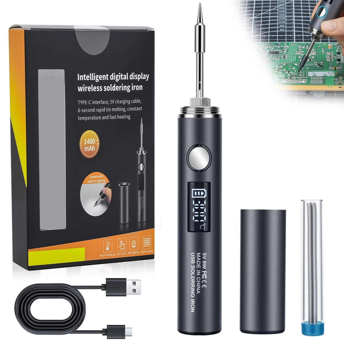 Cordless Soldering Iron Kit for Universal Use (Rechargeable, 1400mAh)