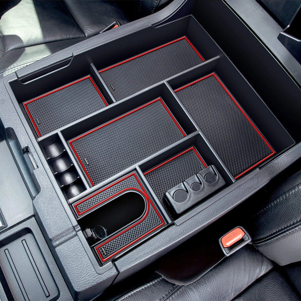 Center Console Organizer for Toyota Tundra (2014–2021) - ABS Storage Tray, Red Trim